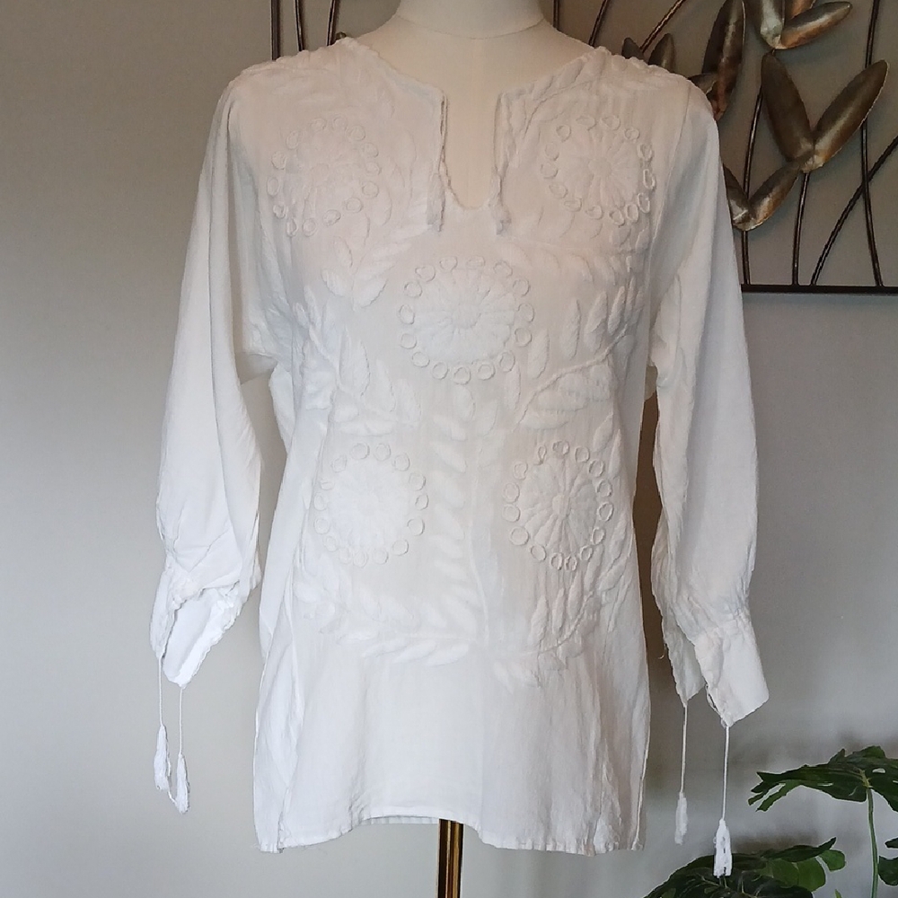 White Embroidered Women's Top with Tassel Detail